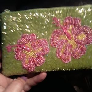 Lime Green and Ponk Hibiscus Beaded wristlet Brand new